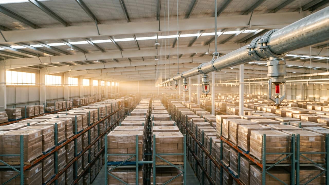 Entrepôt de stockage neuf aux rayonnages chargés de colis, réseau sprinkler galvanisé et têtes pendantes à ampoule rouge au-dessus des allées