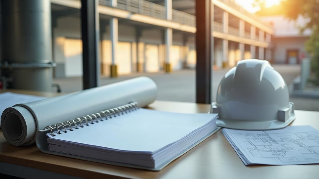 Table de bureau de chantier avec un cahier à spirale, un plan roulé, un plan de réseau et un casque blanc, près d'une baie vitrée