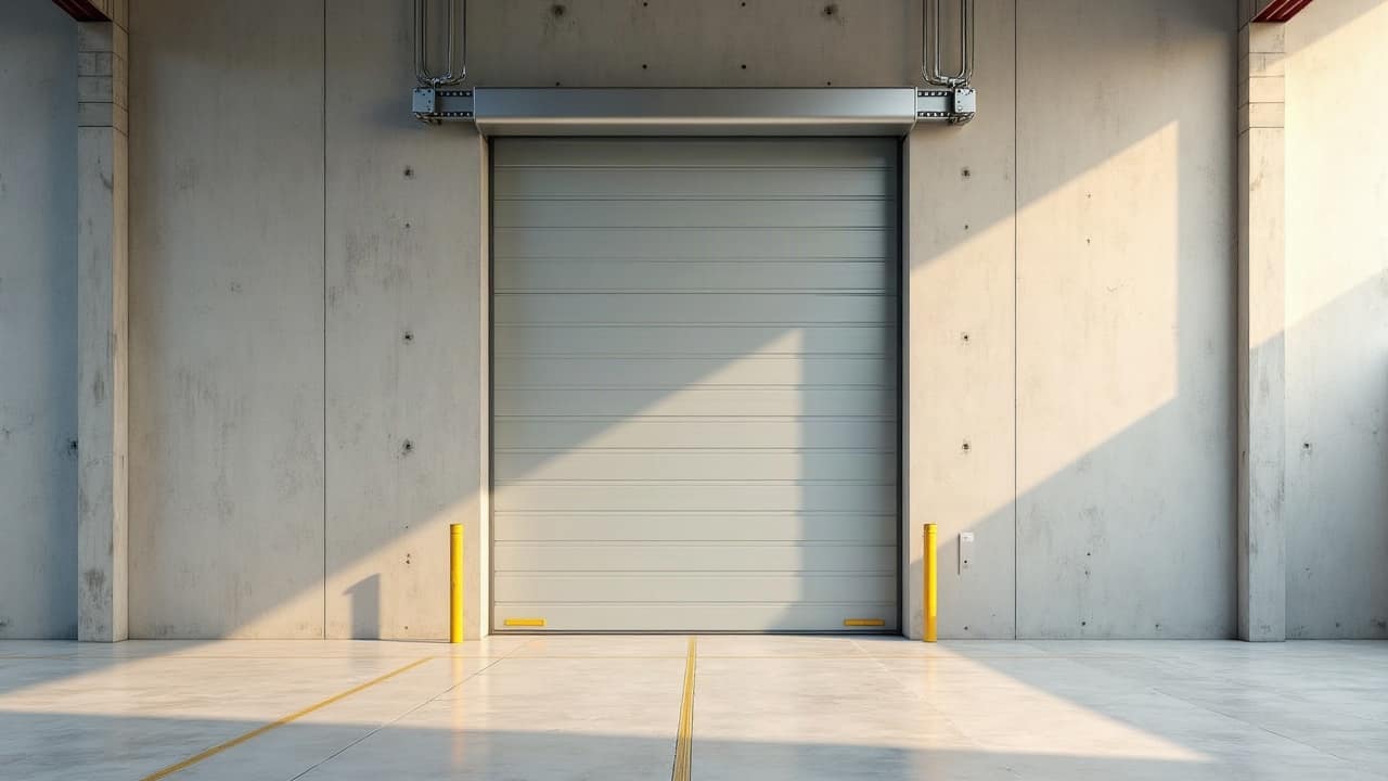 Porte métallique grise fermée dans un épais mur en béton d'un entrepôt neuf, sol clair balisé de jaune