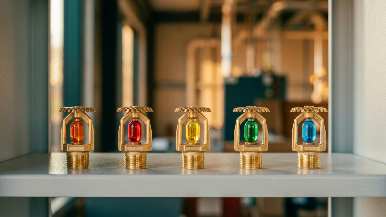 Cinq têtes de sprinkler neuves en laiton alignées sur une étagère, ampoules orange, rouge, jaune, verte et bleue