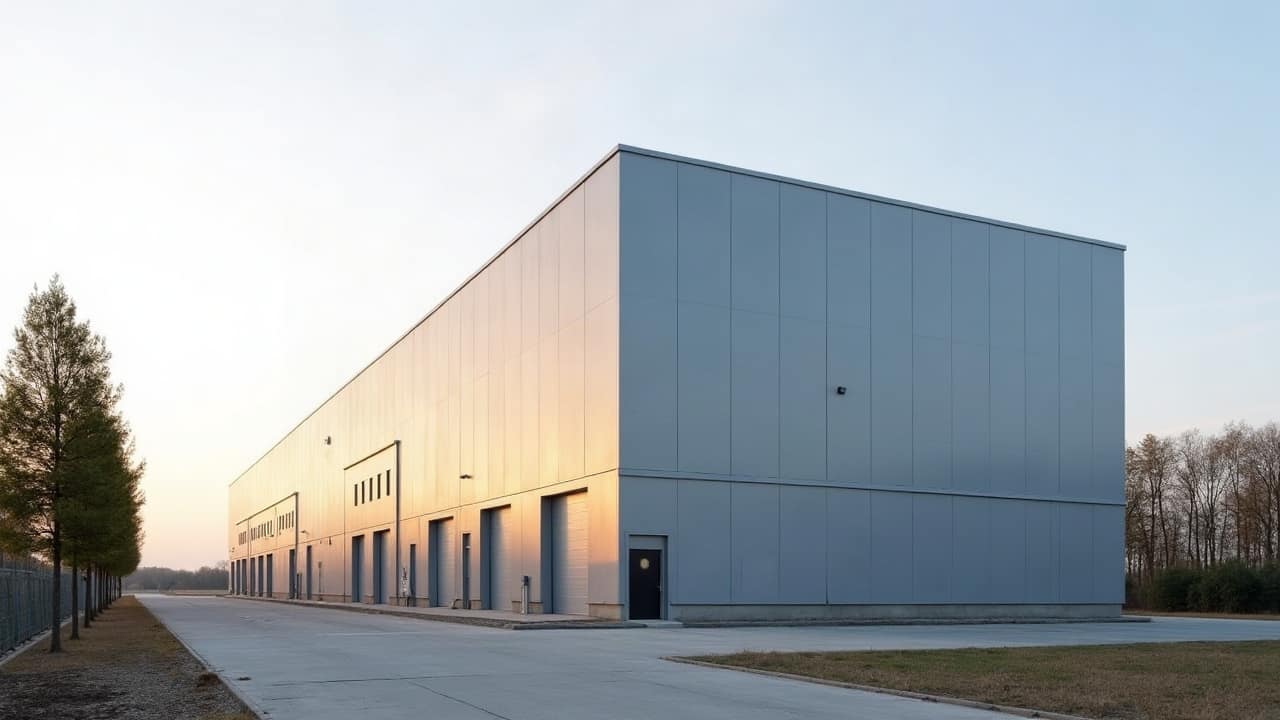 Bâtiment de stockage neuf de grande hauteur au bardage gris clair, portes de quai en façade, dans une campagne plate