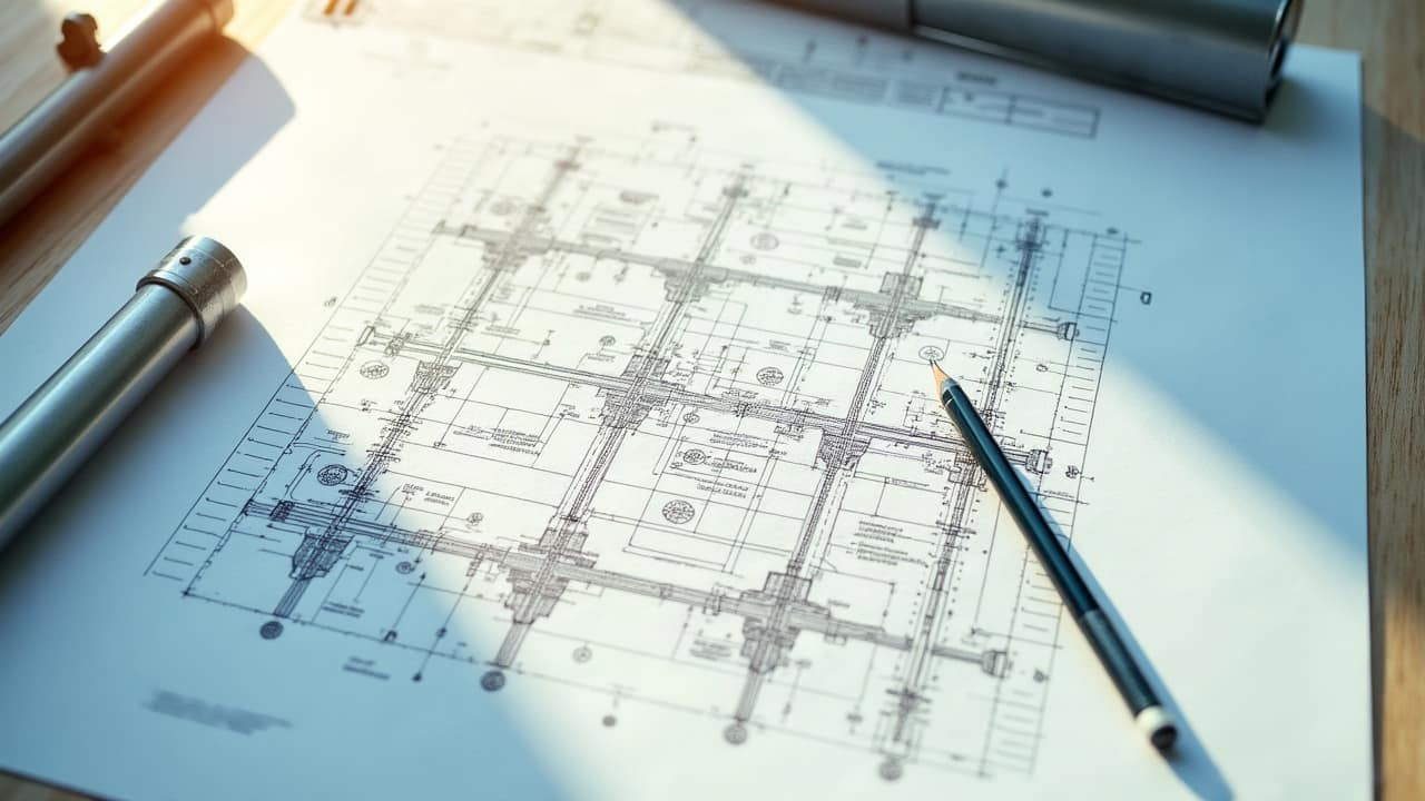 Plan d'un réseau de tuyauterie posé sur une table à dessin, avec un crayon et un tube à plans