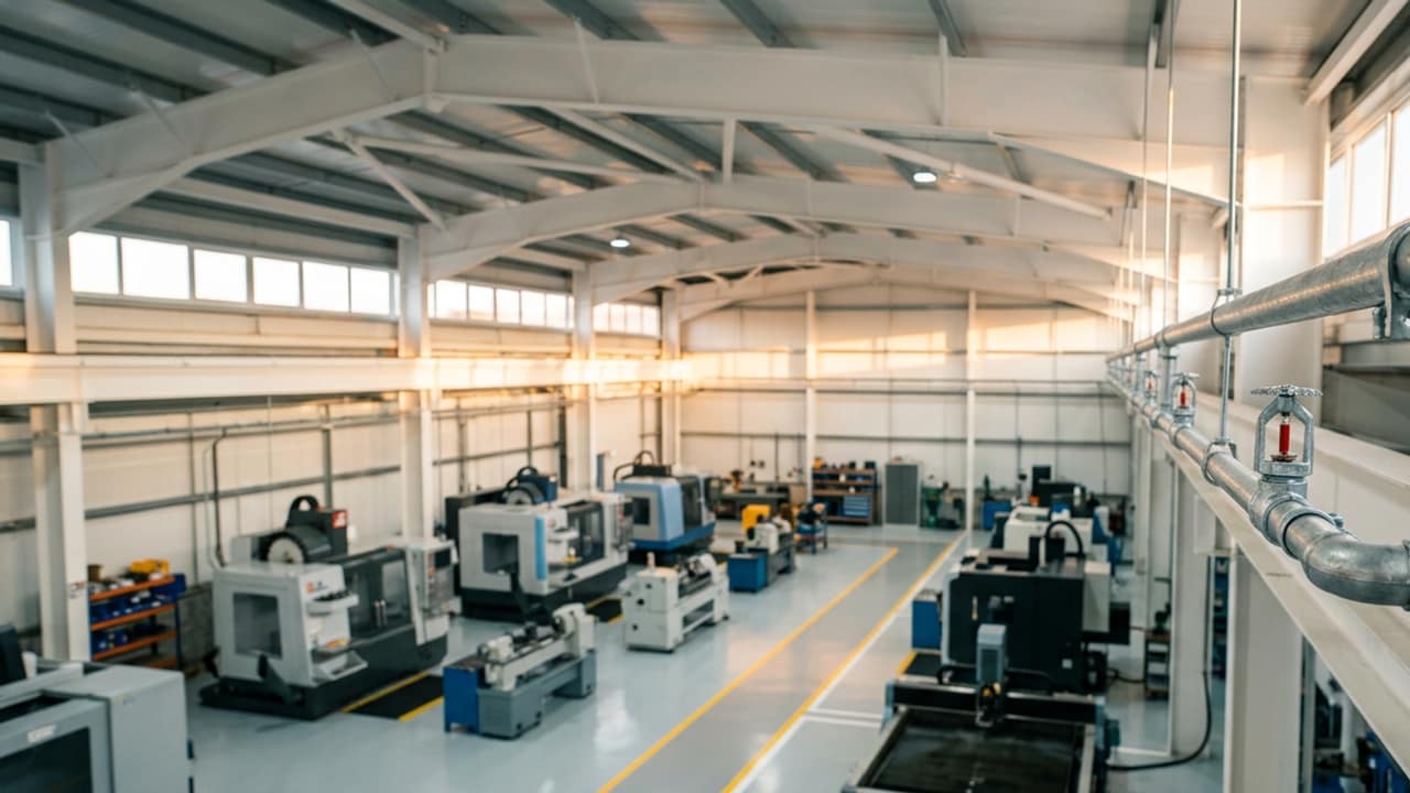 Atelier de production récent vu d'une mezzanine, machines-outils alignées et canalisation sprinkler galvanisée avec une tête debout au premier plan