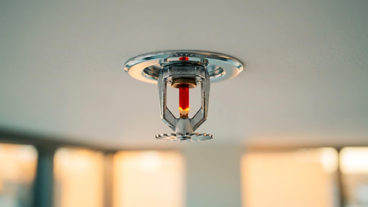 Tête de sprinkler pendante chromée à ampoule rouge avec sa rosace, sous un plafond blanc lisse