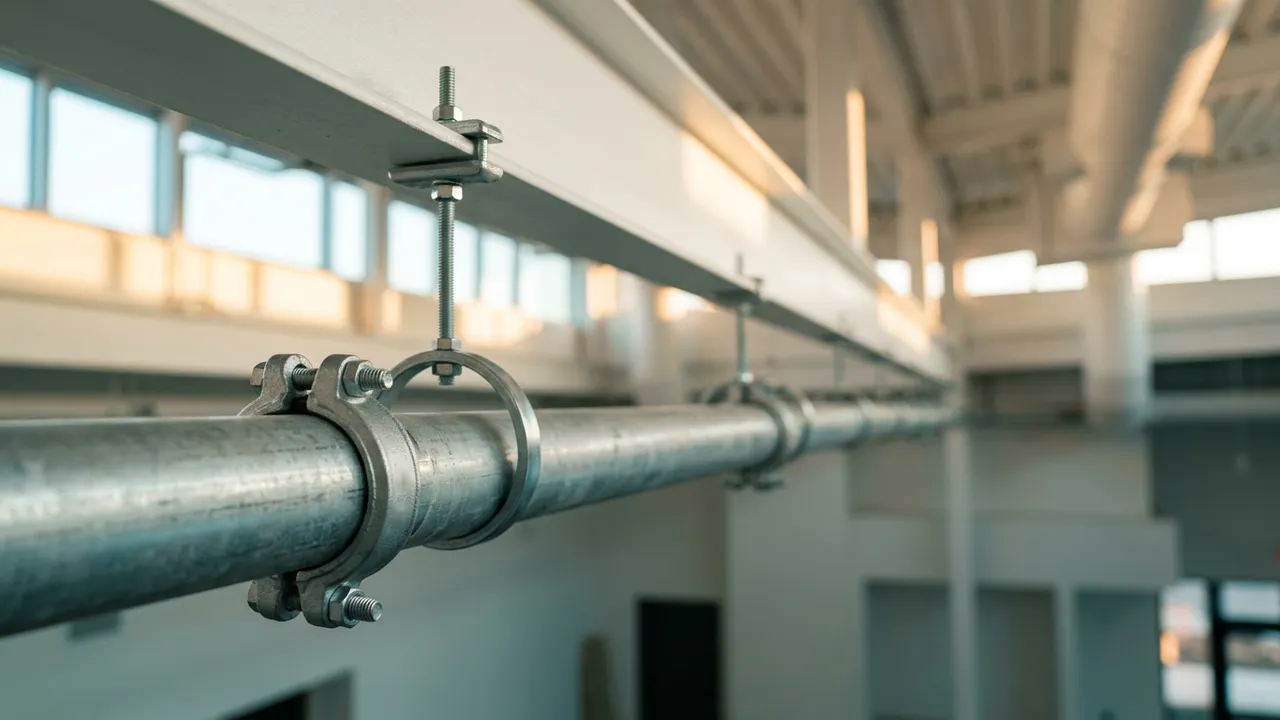 Canalisation sprinkler galvanisée tenue par des colliers sur tiges filetées fixées à une poutre