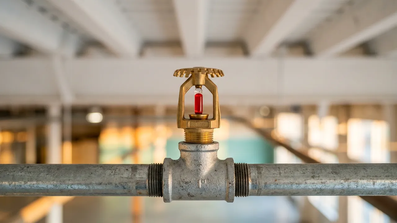 Tête de sprinkler debout en laiton, déflecteur denté et ampoule rouge, vissée sur un té galvanisé