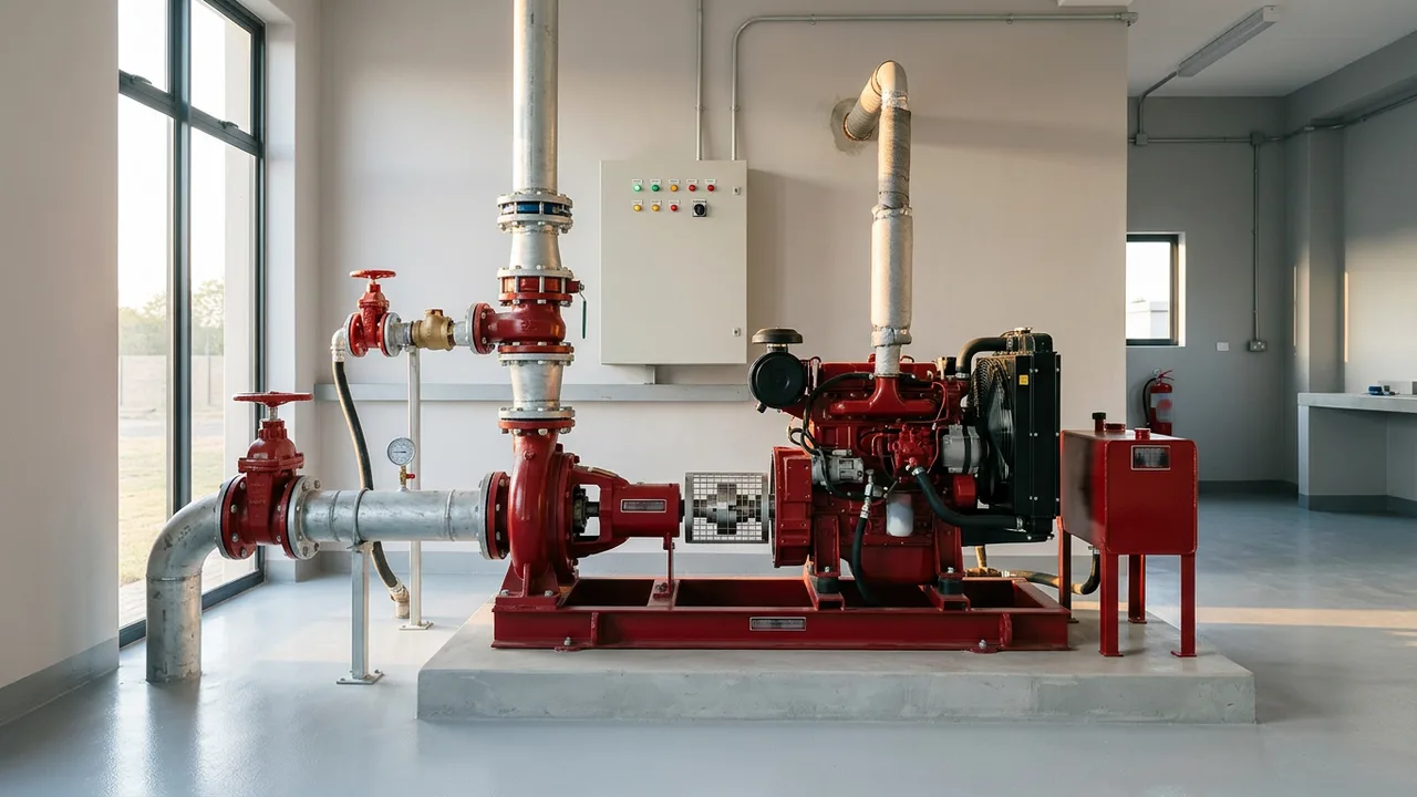 Groupe de pompage sprinkler à moteur diesel peint en rouge sur un socle en béton, armoire de commande et réservoir de gazole