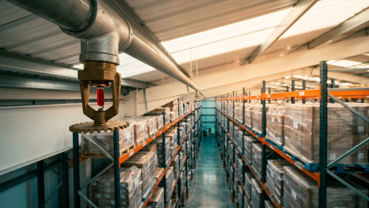 Grosse tête de sprinkler ESFR pendante à large déflecteur et ampoule rouge sous la toiture d'un entrepôt haut, au-dessus d'une allée de racks à palettes chargés sur six niveaux