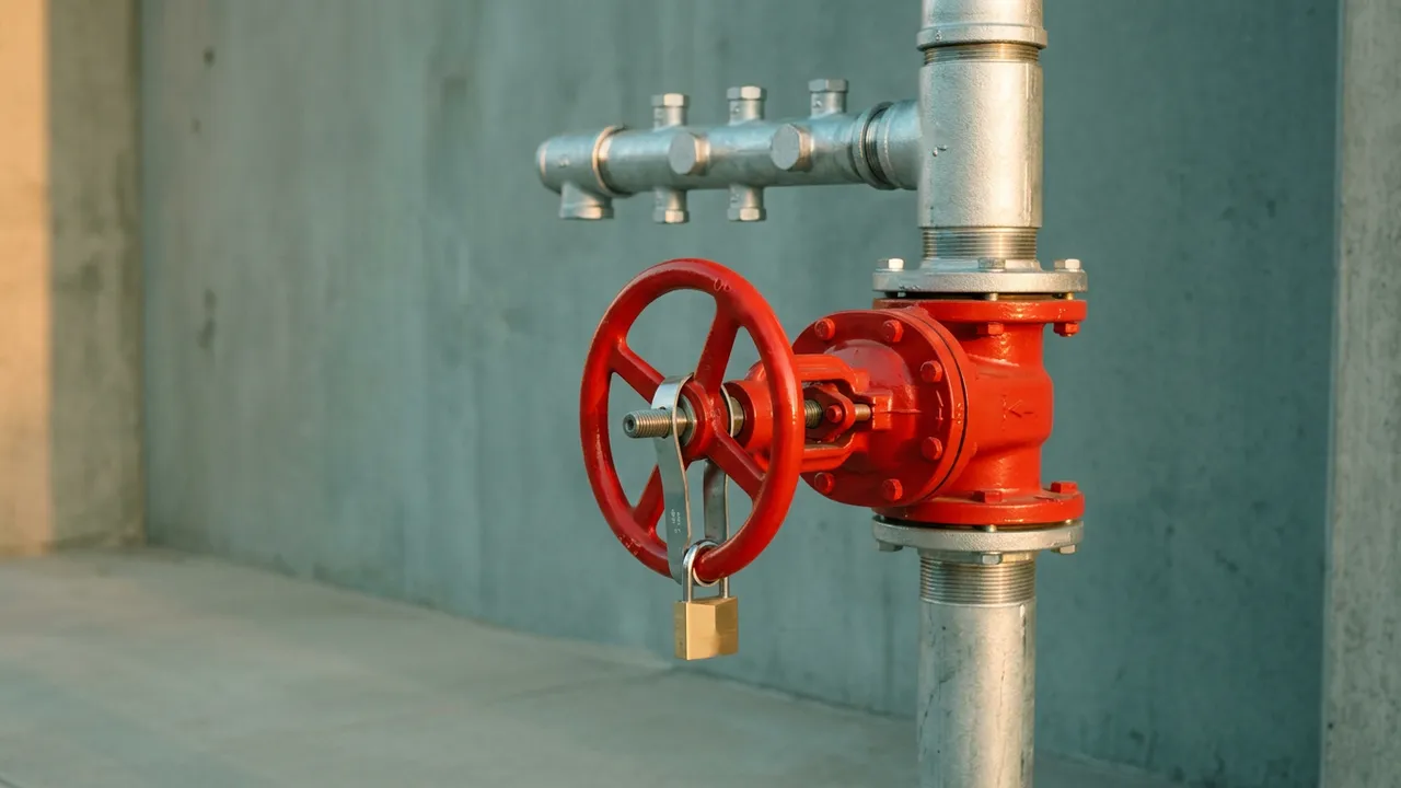 Vanne d'arrêt sprinkler rouge cadenassée en position ouverte sous un collecteur galvanisé