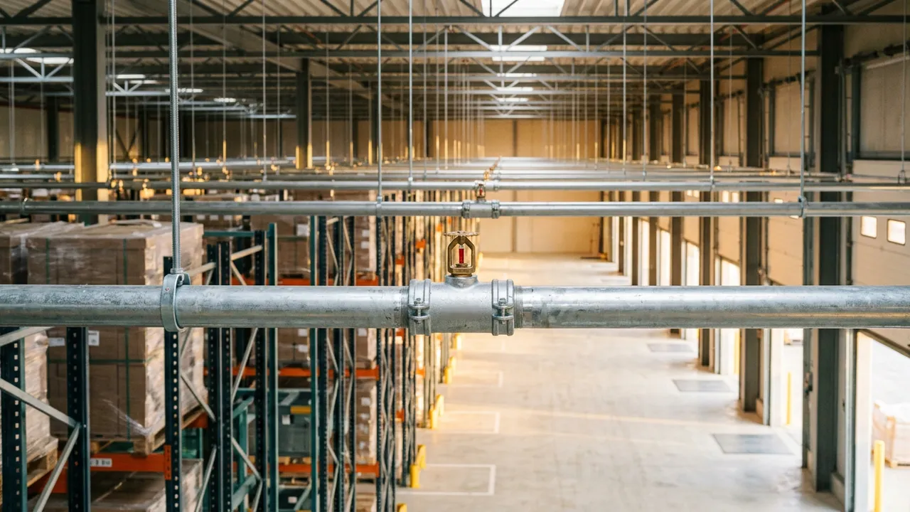 Conduite galvanisée à raccords rainurés et tête sprinkler à ampoule rouge au-dessus des allées de rayonnages d'un centre logistique