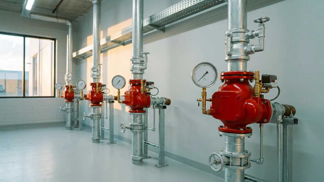 Rangée de postes de contrôle sprinkler neufs à corps rouge et manomètres, dans un local technique clair