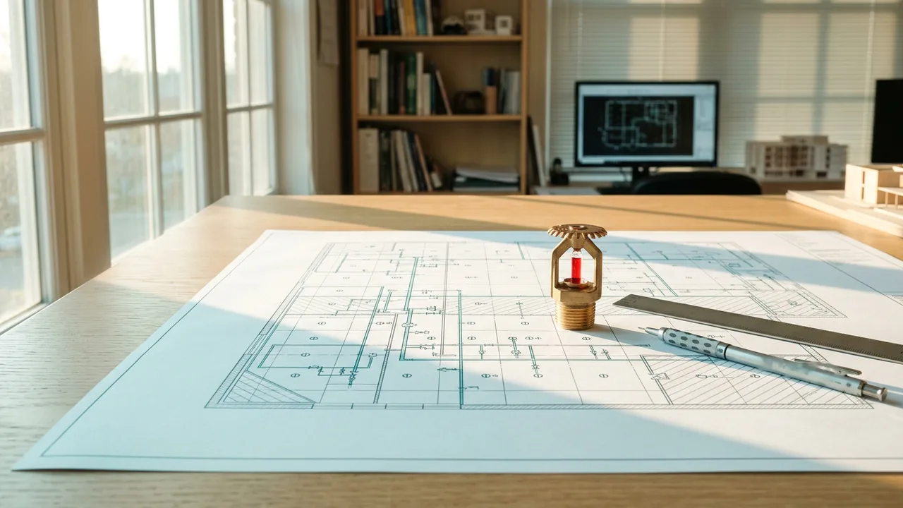 Plan de réseau sprinkler imprimé sur un bureau d'étude clair, tête de sprinkler à ampoule rouge, règle et portemine posés dessus