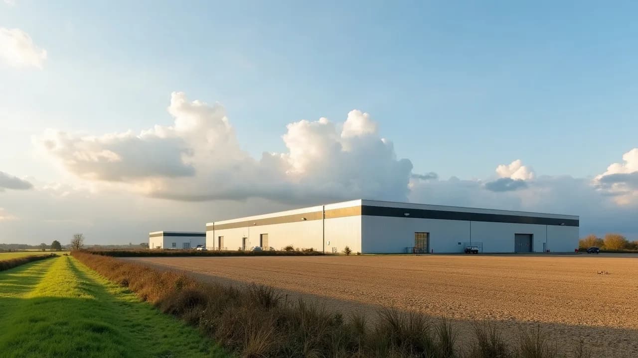 Entrepôt logistique neuf vu à travers les champs et les haies de la campagne d'Ath, grands nuages blancs en fin de journée