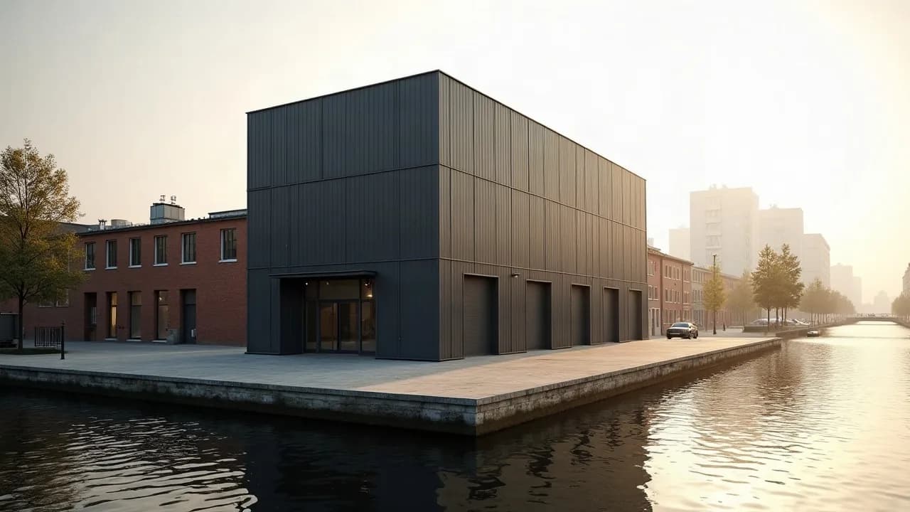 Bâtiment de dépôt neuf bardé d'anthracite sur un quai de canal à Bruxelles, anciens entrepôts en brique et immeubles au loin