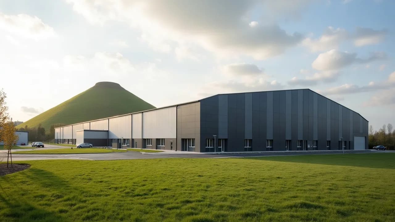 Hall industriel neuf bardé de gris et d'anthracite dans un parc d'activités, terril couvert d'herbe à l'arrière-plan
