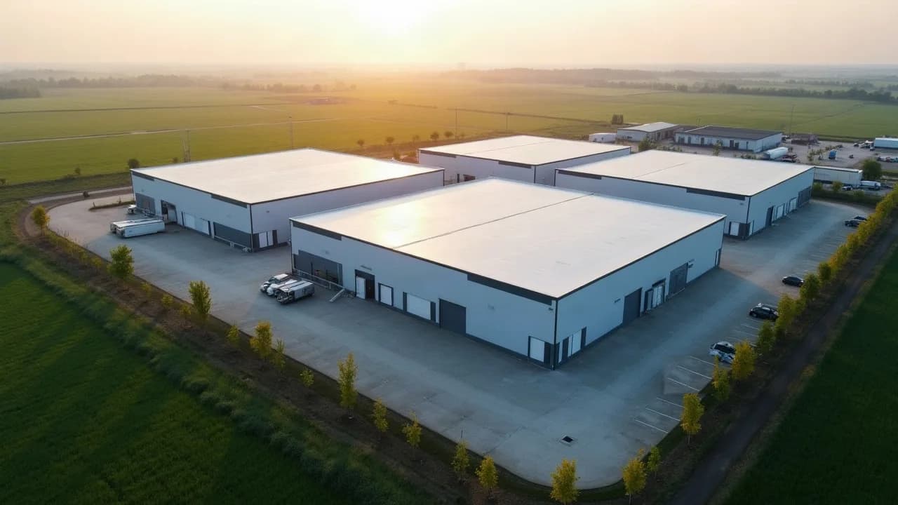 Vue aérienne d'un parc logistique neuf : grands entrepôts à toiture blanche entourés de champs, soleil du matin