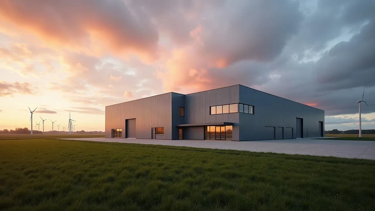 Dépôt et atelier neufs bardés de gris avec bureaux vitrés, en pleine campagne, éoliennes à l'horizon au coucher du soleil
