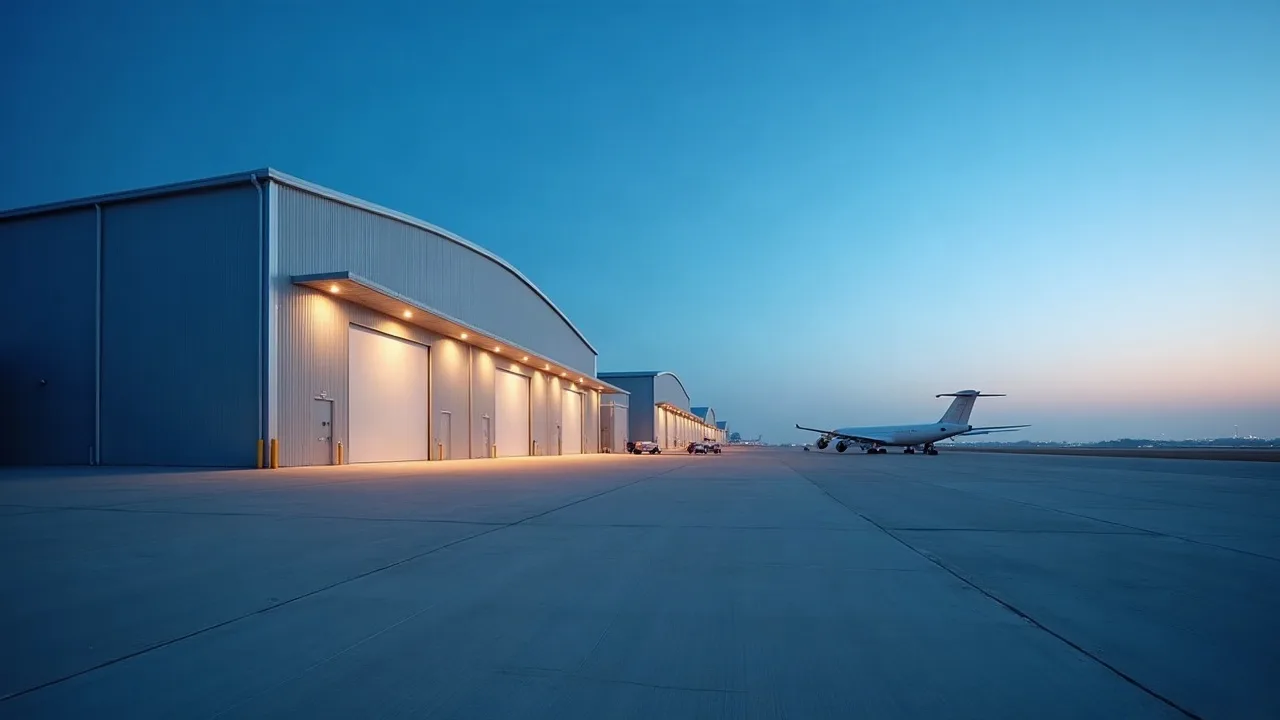 Halls de fret neufs à toiture cintrée au bord d'une aire d'aéroport, avion cargo blanc au loin, à l'heure bleue