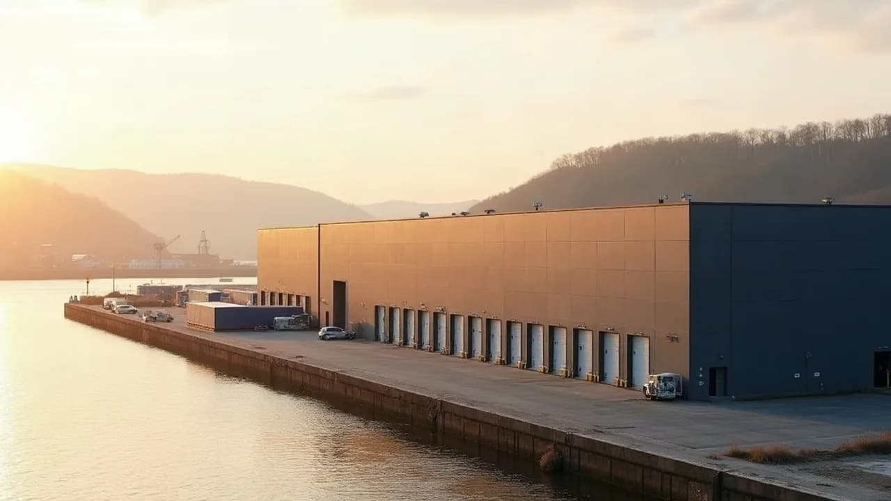 Grand entrepôt logistique neuf à quais de chargement au bord de la Meuse, collines boisées de la vallée au soleil couchant