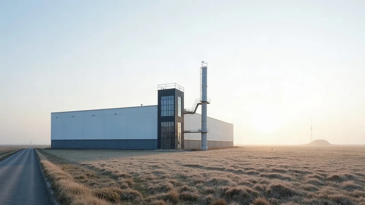 Bâtiment de production neuf avec cage d'escalier vitrée dans la plaine du Hainaut, matin d'hiver givré, terril au loin