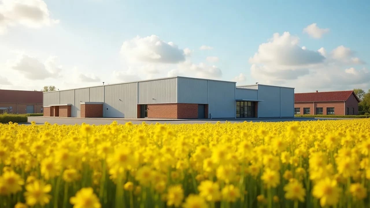 Petit dépôt et atelier neufs à façade de briques rouges, champ de fleurs jaunes au premier plan, maisons en brique au loin