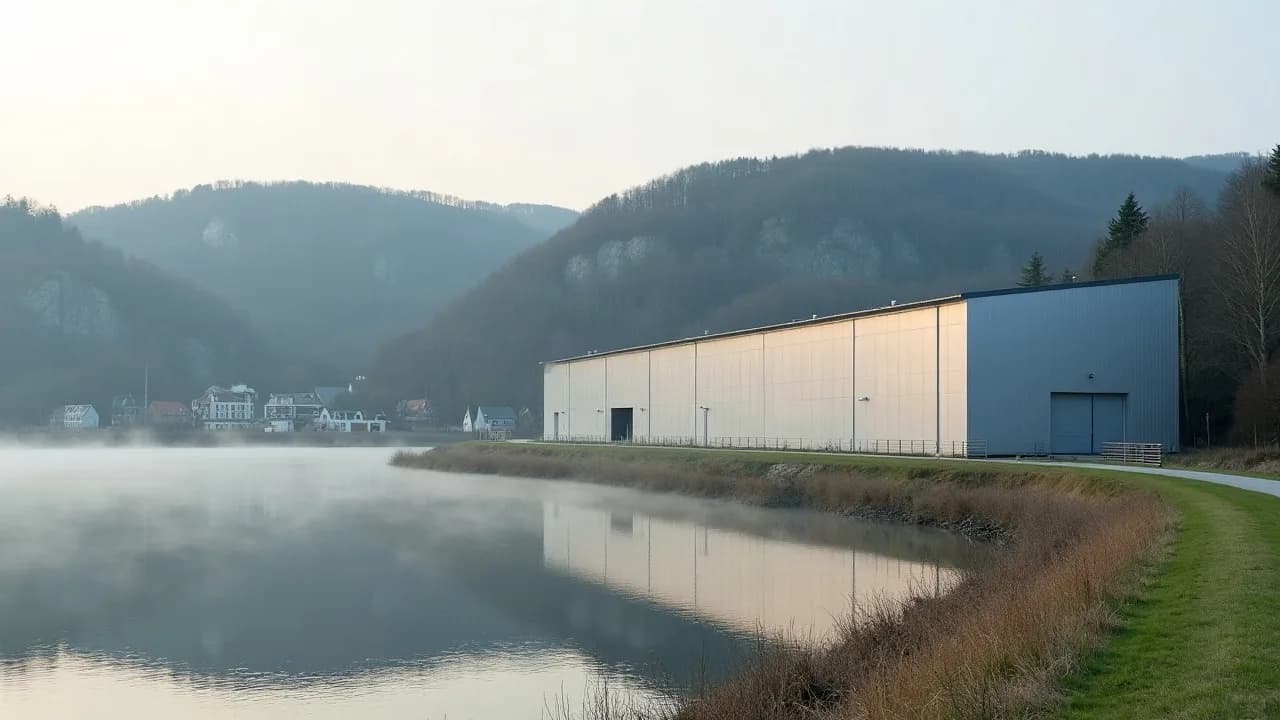 Hall industriel neuf à bardage clair au bord d'un plan d'eau brumeux, collines boisées et falaises calcaires en arrière-plan, maisons sur la rive opposée