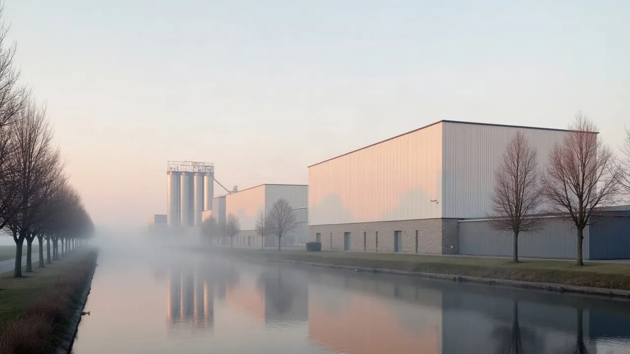 Usine neuve à bardage blanc et silos inox le long d'un canal bordé de peupliers, brume du lever du jour