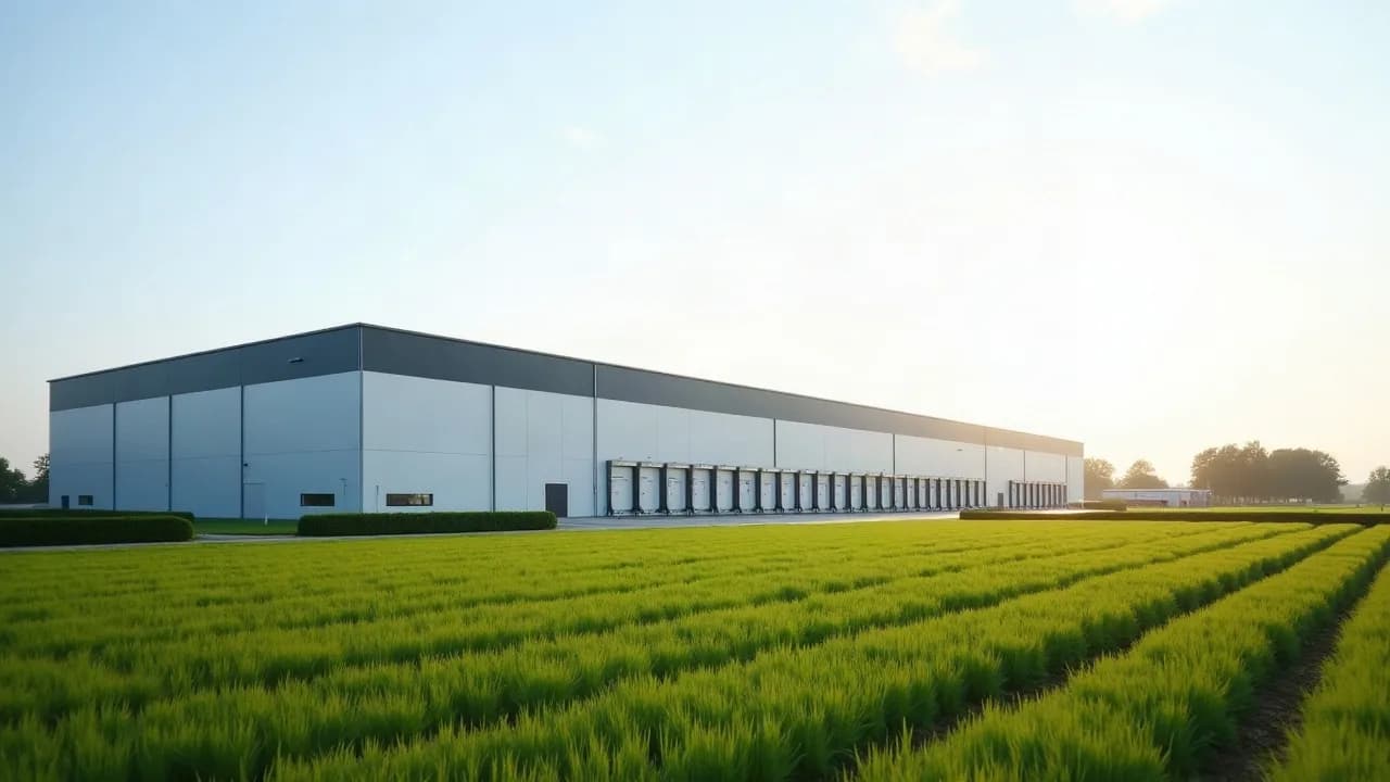 Centre de distribution neuf à longue rangée de quais de chargement, au milieu des champs du Hainaut occidental