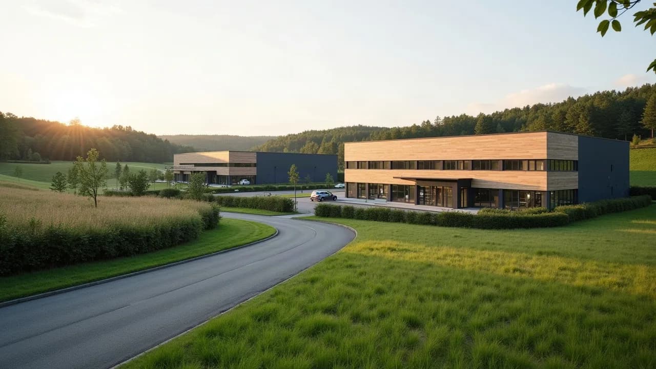 Bâtiments neufs bardés de bois et d'anthracite dans un parc d'activités entouré de collines boisées du Brabant wallon