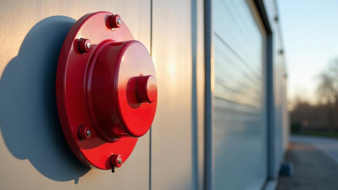 Cloche d'alarme rouge fixée sur le bardage clair d'un bâtiment, au soleil du soir