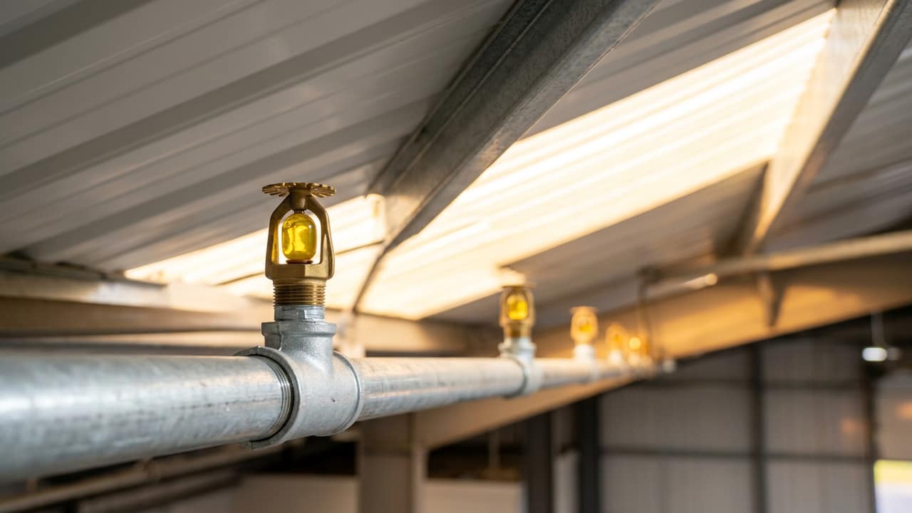 Têtes de sprinkler debout à ampoule jaune sur une canalisation galvanisée, juste sous un lanterneau d'entrepôt