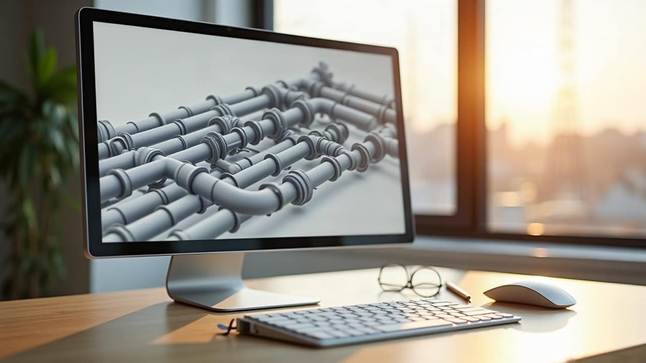 Écran de bureau d'étude affichant un modèle 3D de tuyauterie, clavier et lunettes sur un bureau en bois clair
