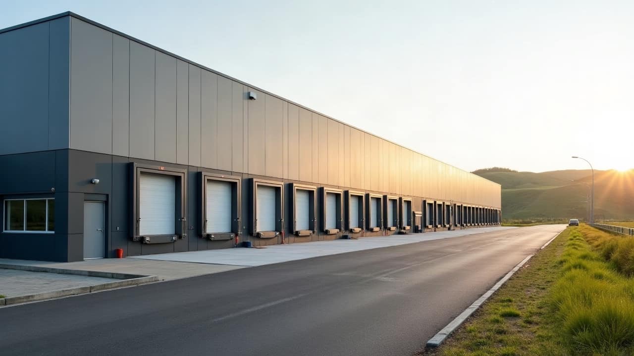 Bâtiment industriel neuf dans un parc d'activités wallon, rangée de portes de quai et collines au loin