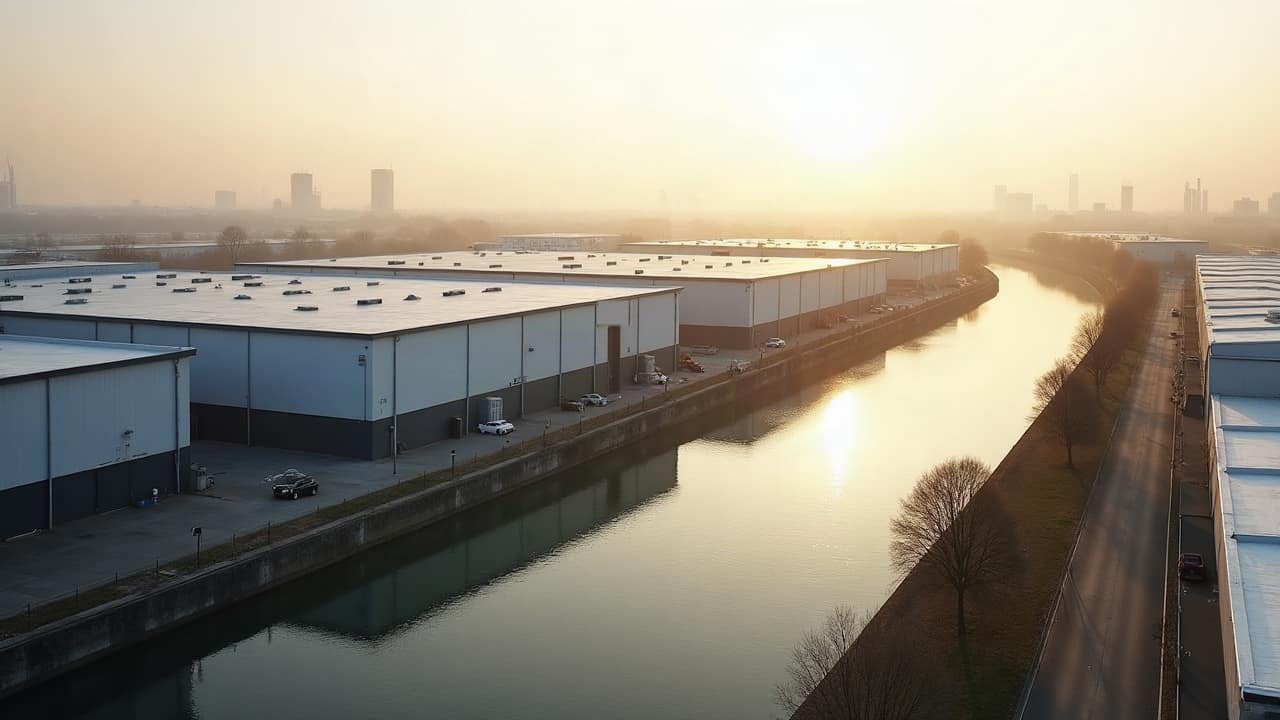 Vue en hauteur d'une zone d'entrepôts récents le long d'un canal, dans la lumière dorée du matin
