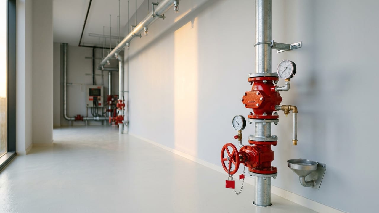Poste de contrôle sprinkler neuf contre un mur clair : conduite galvanisée qui sort du sol, vanne rouge à volant cadenassée ouverte, clapet d'alarme rouge avec ses deux manomètres, vidange vers un entonnoir et colonne qui remonte vers le plafond