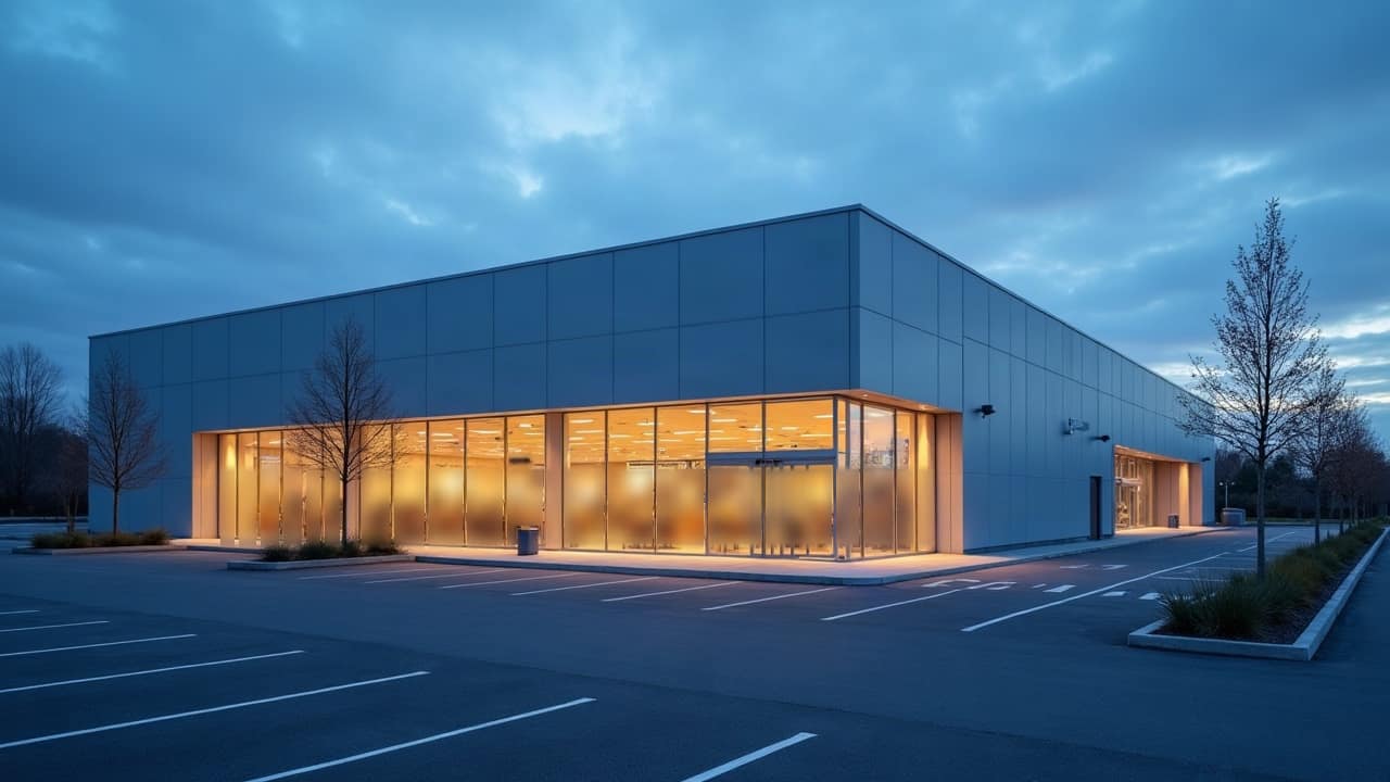 Magasin récent à l'heure bleue, vitrine éclairée au vitrage en partie dépoli et parking vide