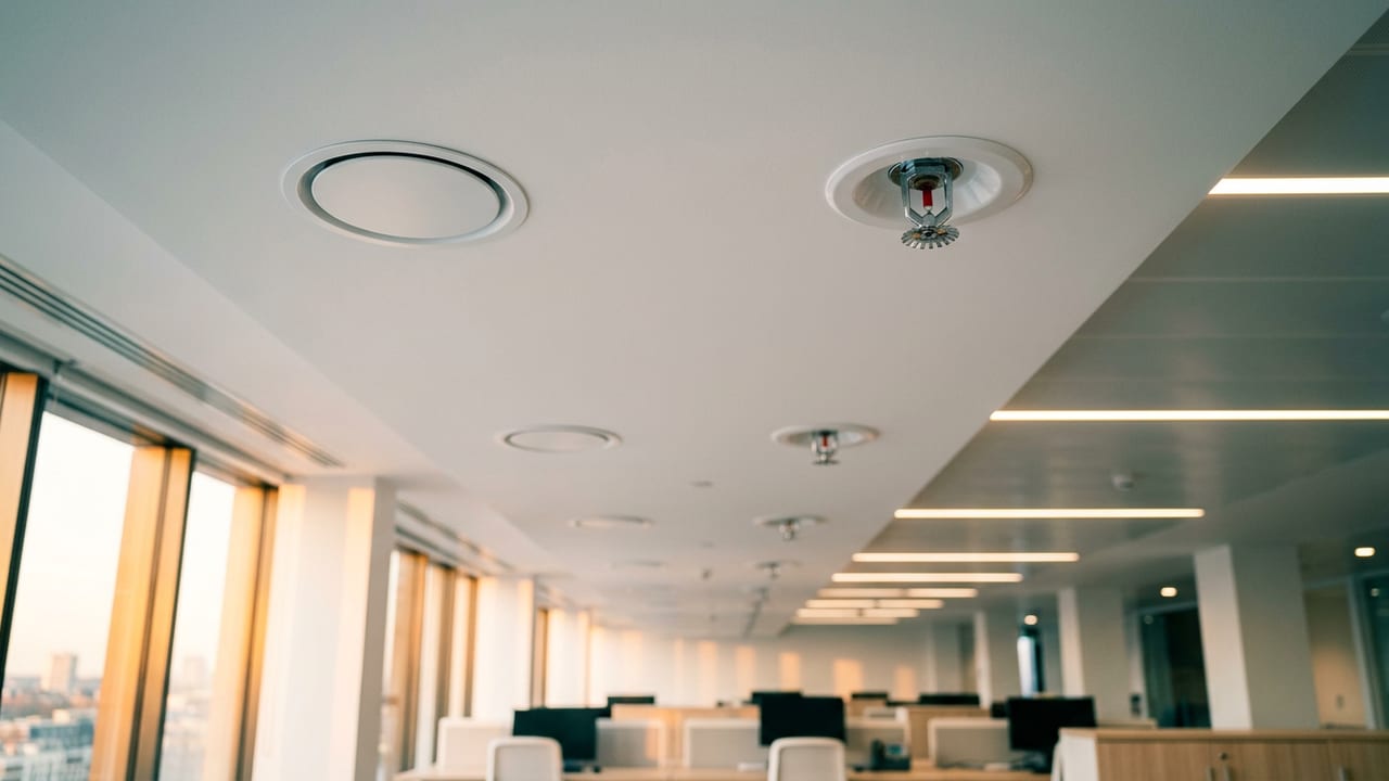 Plafond blanc d'un plateau de bureaux récent vu d'en dessous : une tête cachée sous son capot plat rond et une tête encastrée dans sa rosace blanche, ampoule rouge visible, d'autres têtes en enfilade vers les fenêtres