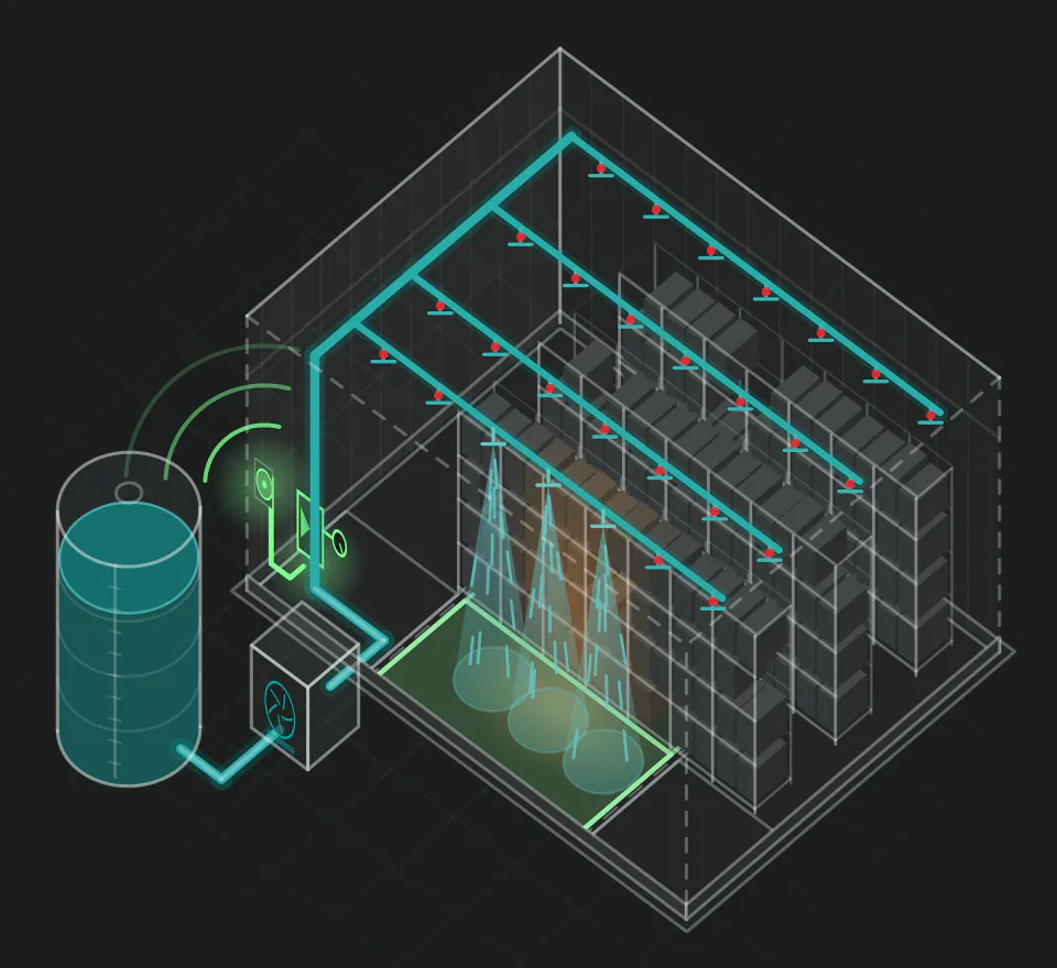 Schéma d'un entrepôt à racks : réserve d'eau, pompe, réseau sous la toiture, trois têtes ouvertes au-dessus d'une allée et poste de contrôle qui déclenche l'alarme